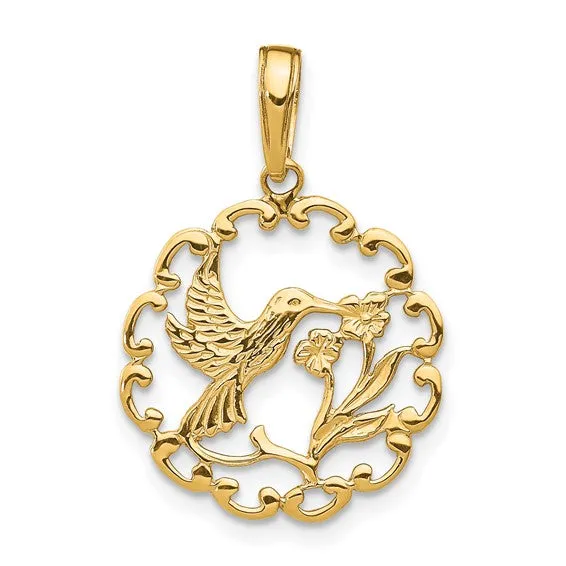 14k Gold Textured Flower Frame Hummingbird Pendant