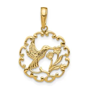 14k Gold Textured Flower Frame Hummingbird Pendant