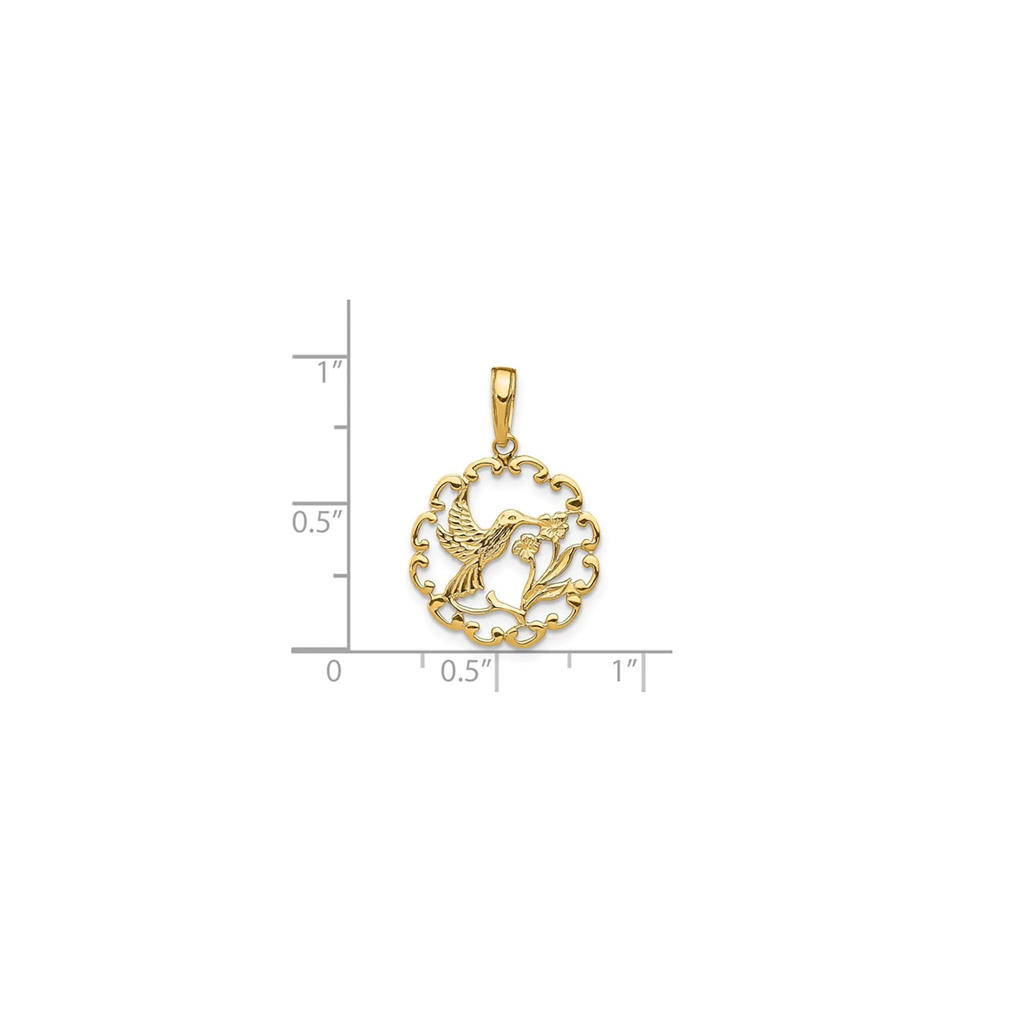 14k Gold Textured Flower Frame Hummingbird Pendant
