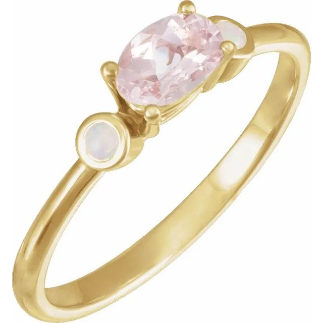 14K Yellow Gold 6x4 mm Natural Pink Morganite & Natural White Opal Ring