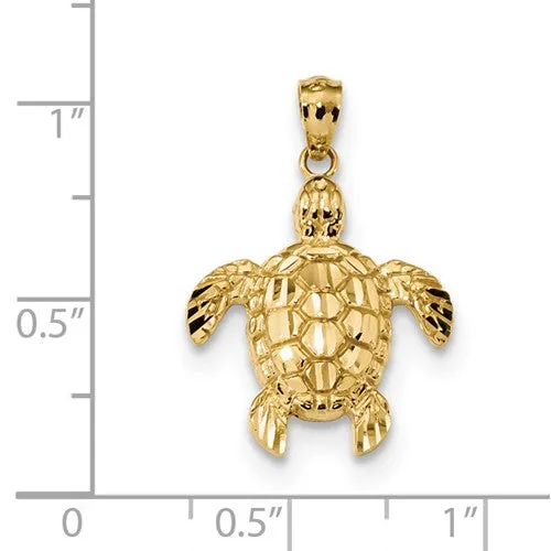 14K Yellow Gold Diam. Cut Polished & Textured Sea Turtle Pendant