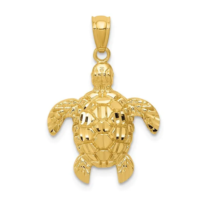 14K Yellow Gold Diam. Cut Polished & Textured Sea Turtle Pendant