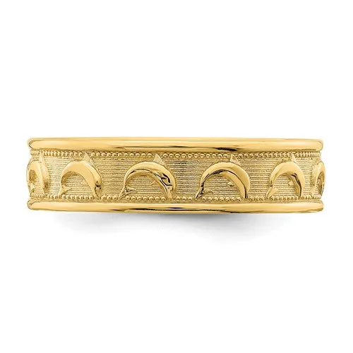 14K Yellow Gold Dolphin Engraved Polished and Textured Thumb Ring