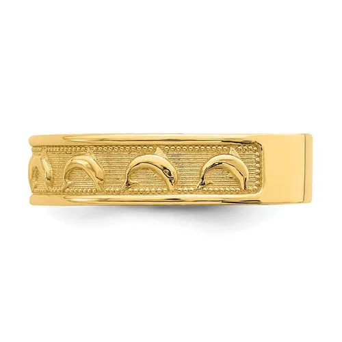 14K Yellow Gold Dolphin Engraved Polished and Textured Thumb Ring