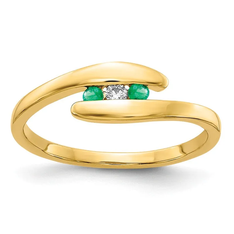 14k Yellow Gold Genuine Emerald And Diamond 3-Stone ByPass Ring