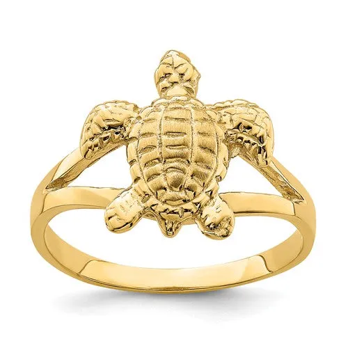 14k Yellow Gold Solid Textured Sea Turtle Ring