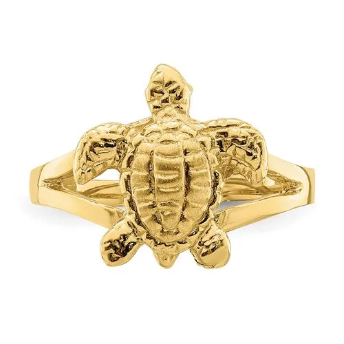 14k Yellow Gold Solid Textured Sea Turtle Ring