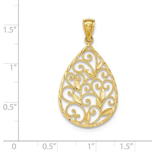 14k Yellow Gold Textured Filigree Teardrop Pendant