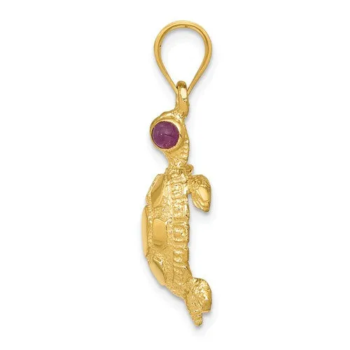 14k Yellow Gold Turtle Pendant With Genuine Ruby Eyes