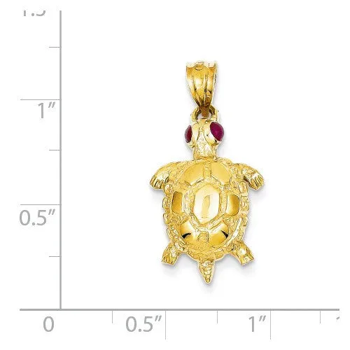 14k Yellow Gold Turtle Pendant With Genuine Ruby Eyes