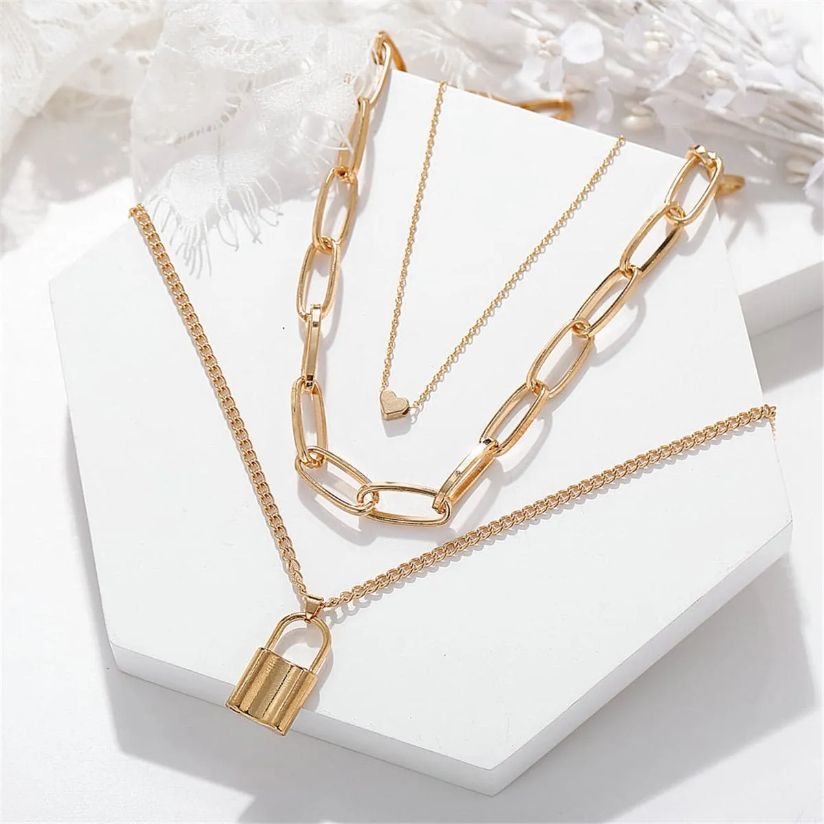 18K Gold-Plated Lock & Heart Pendant Layer Necklace