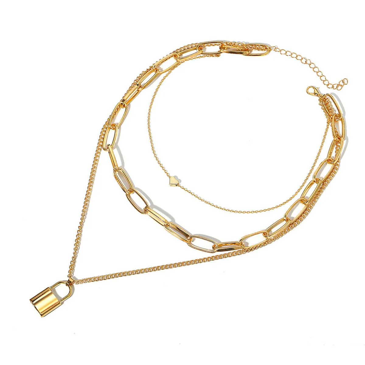 18K Gold-Plated Lock & Heart Pendant Layer Necklace