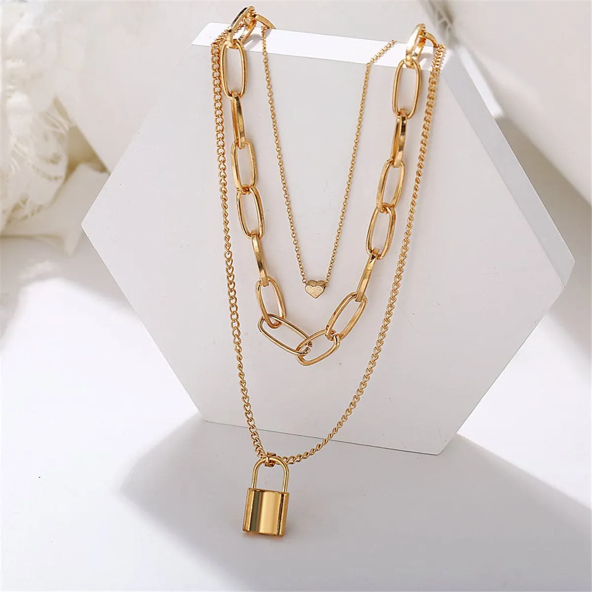 18K Gold-Plated Lock & Heart Pendant Layer Necklace