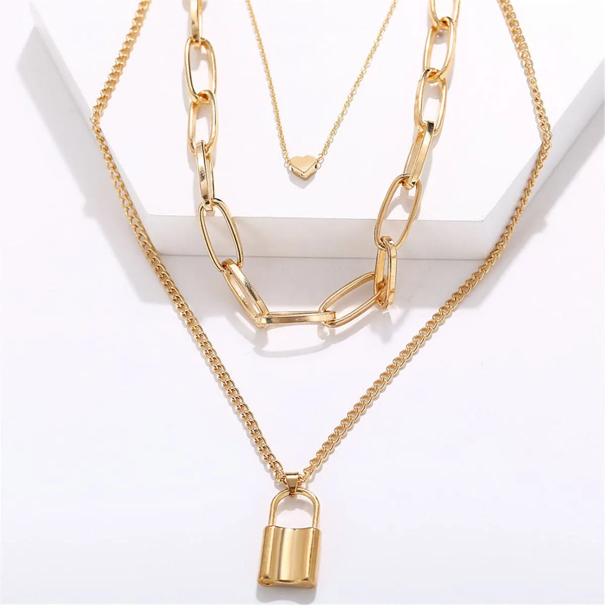18K Gold-Plated Lock & Heart Pendant Layer Necklace
