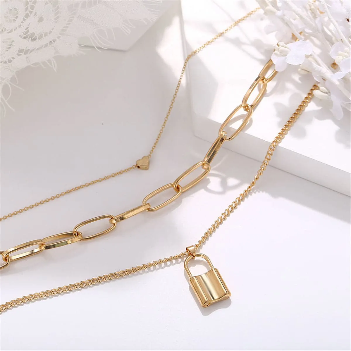18K Gold-Plated Lock & Heart Pendant Layer Necklace