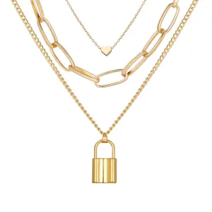 18K Gold-Plated Lock & Heart Pendant Layer Necklace