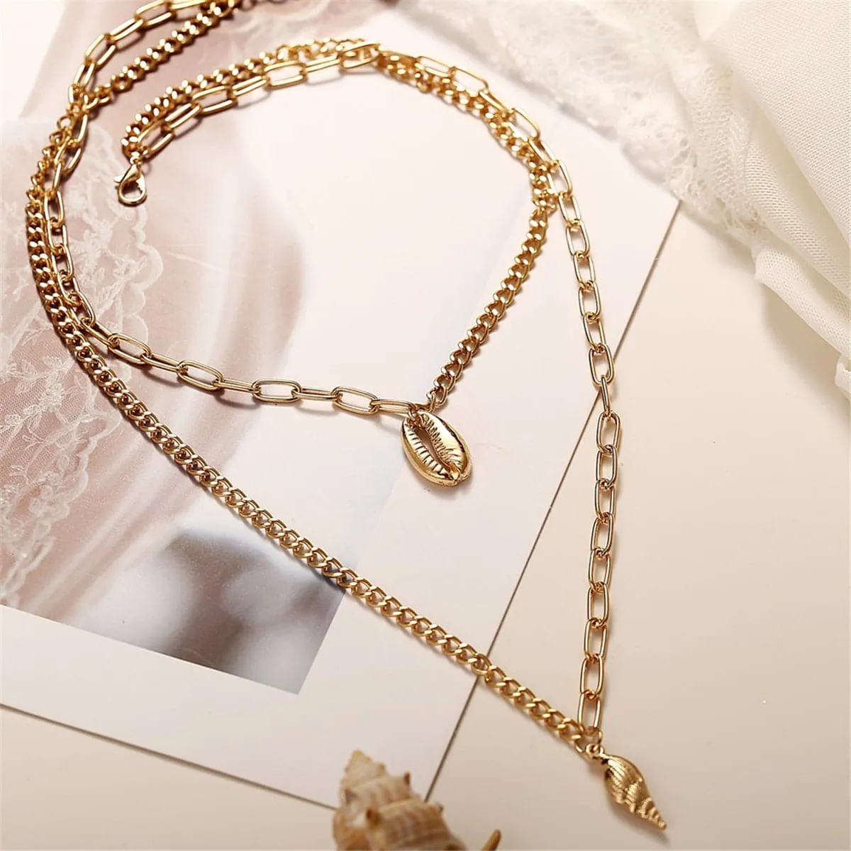 18K Gold-Plated Shell & Conch Pendant Layer Necklace
