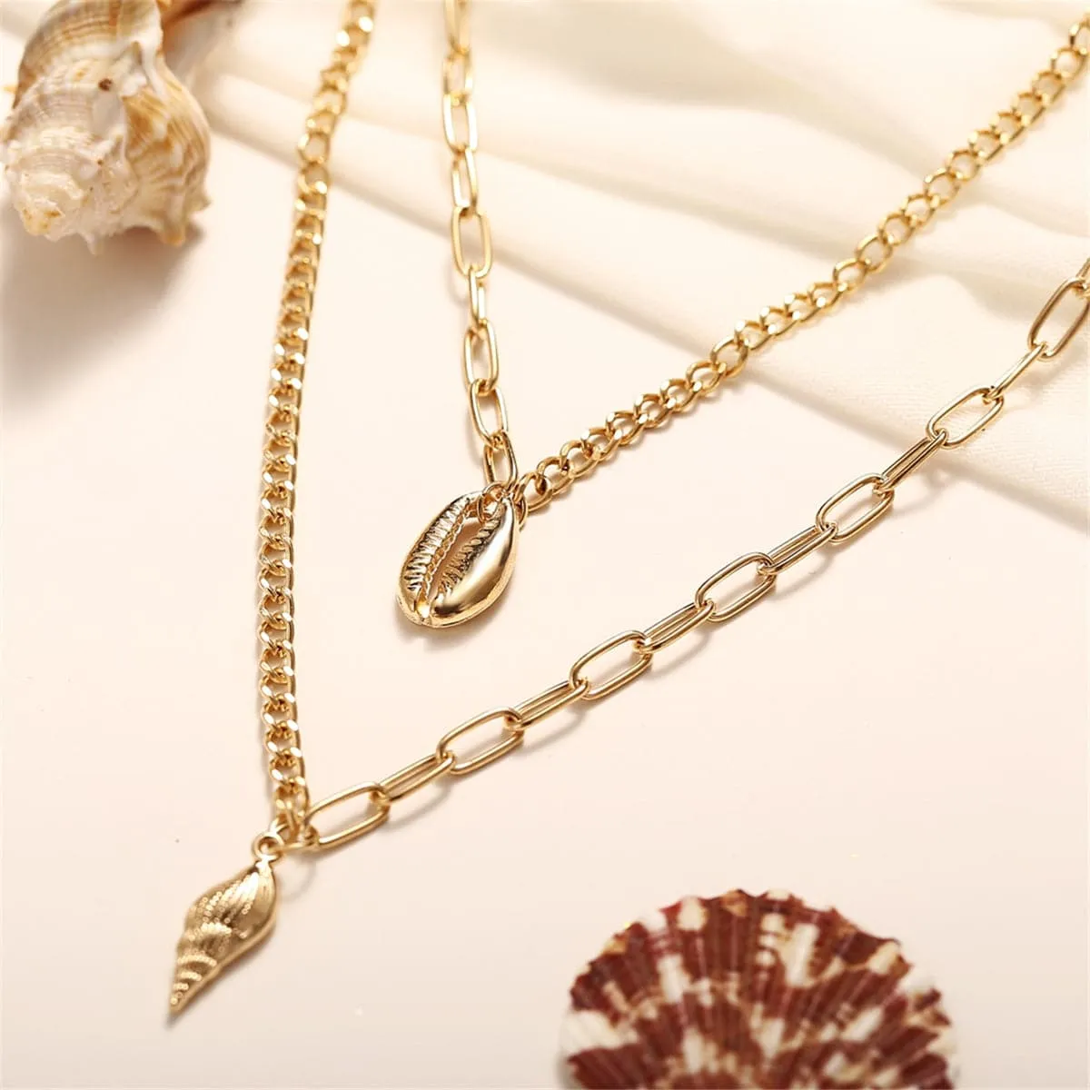 18K Gold-Plated Shell & Conch Pendant Layer Necklace