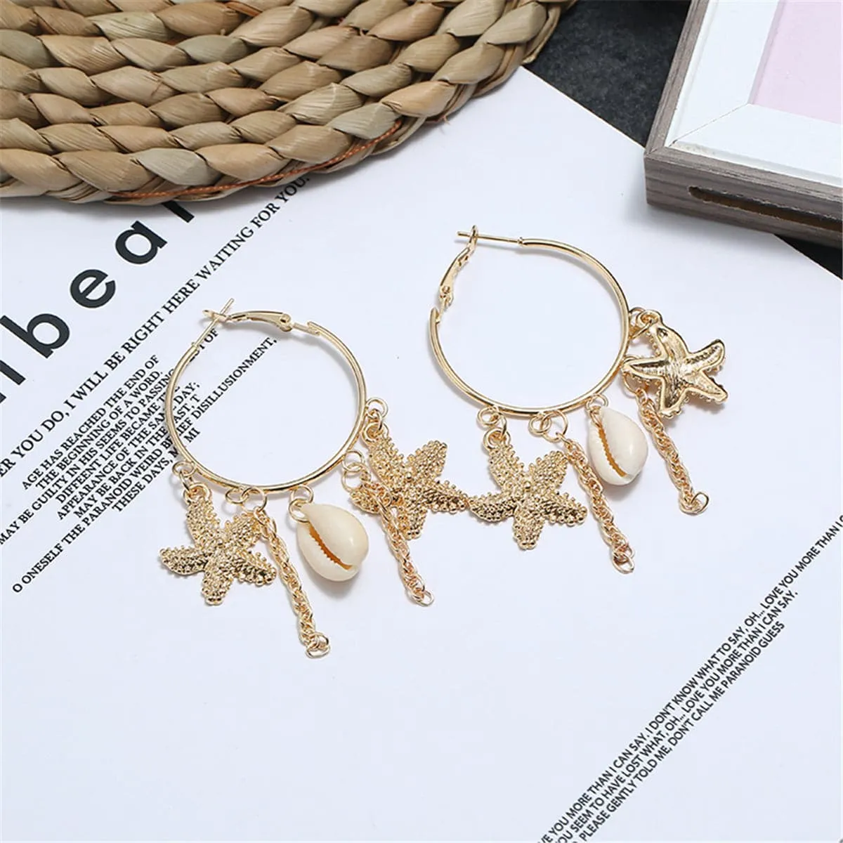18K Gold-Plated Star & Shell Charm Hoop Earrings