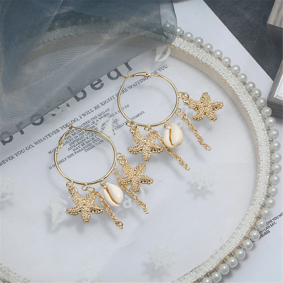 18K Gold-Plated Star & Shell Charm Hoop Earrings