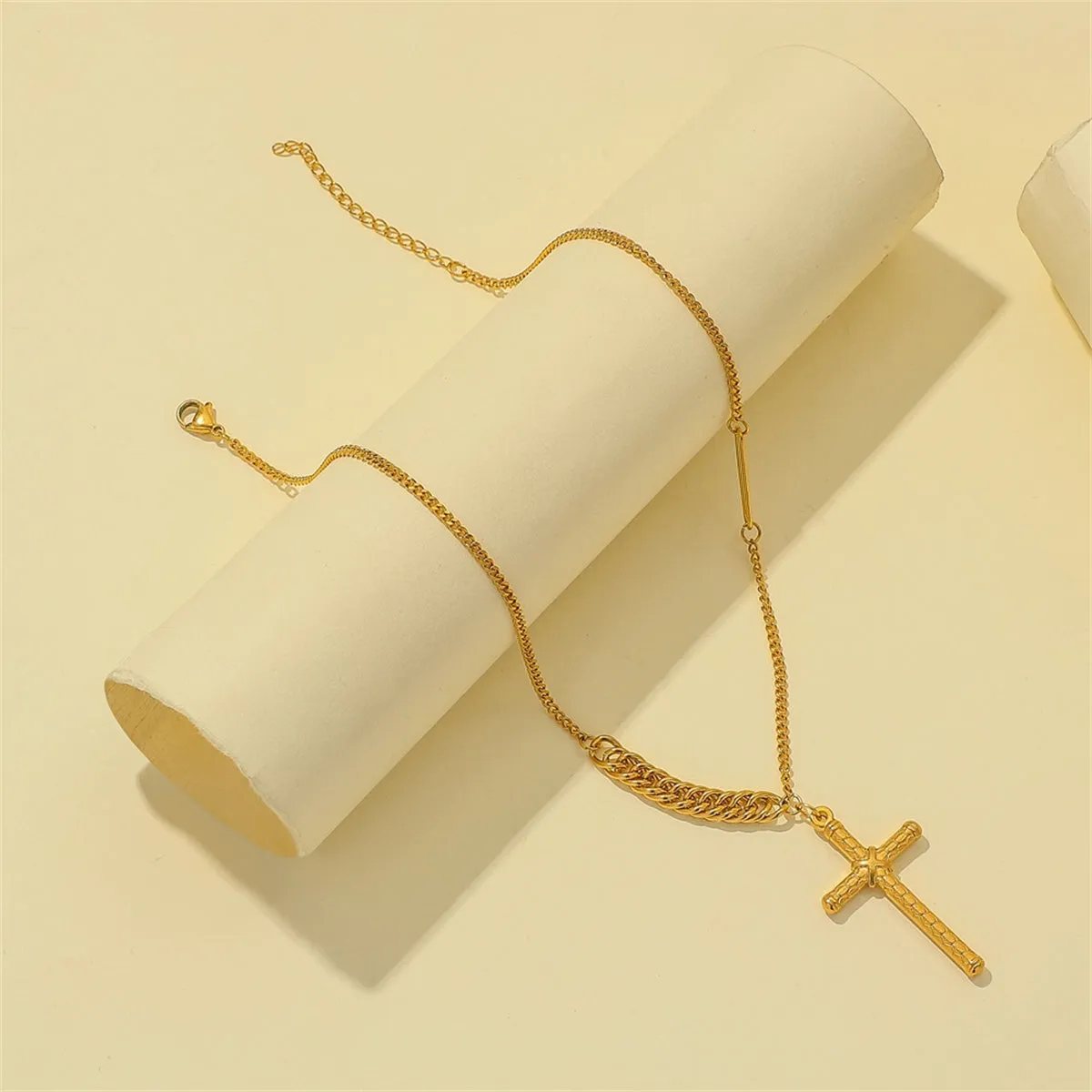 18K Gold-Plated Textured Cross Pendant Necklace