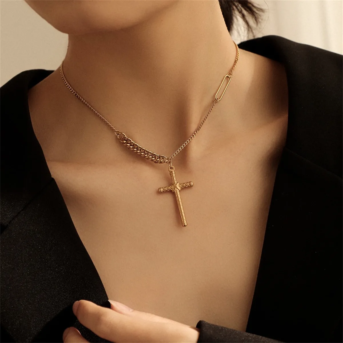 18K Gold-Plated Textured Cross Pendant Necklace