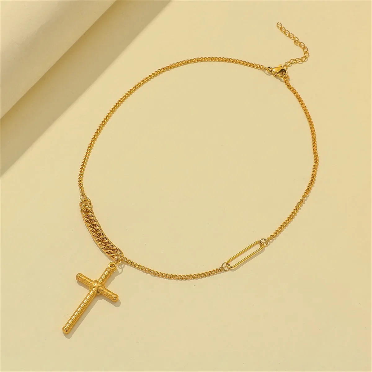 18K Gold-Plated Textured Cross Pendant Necklace