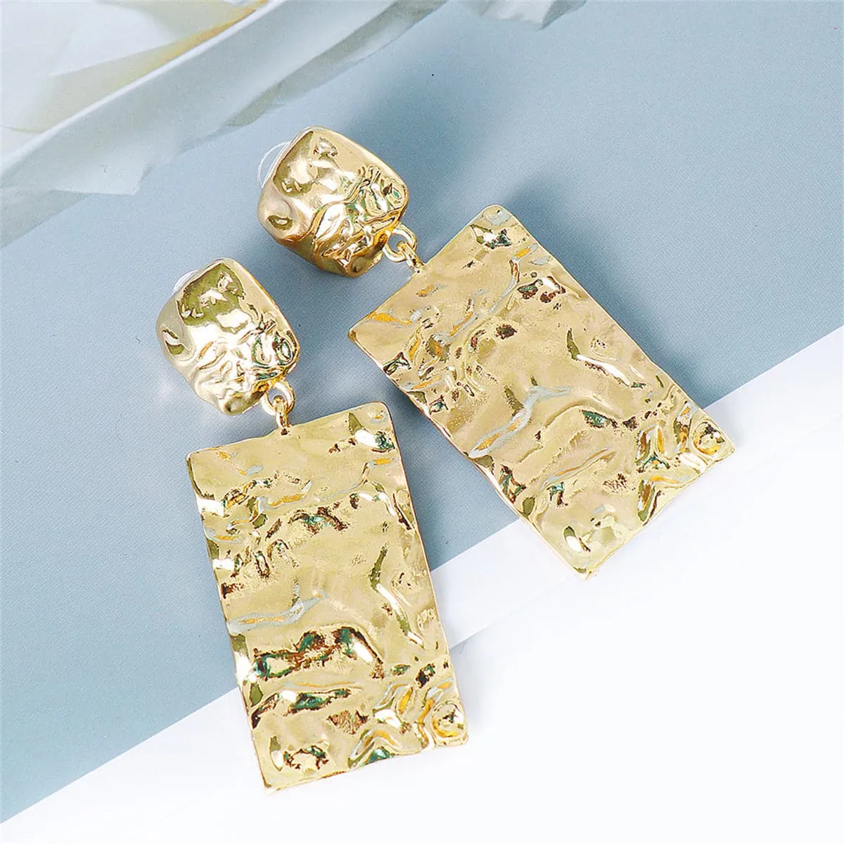 18K Gold-Plated Textured Rectangle Drop Earrings