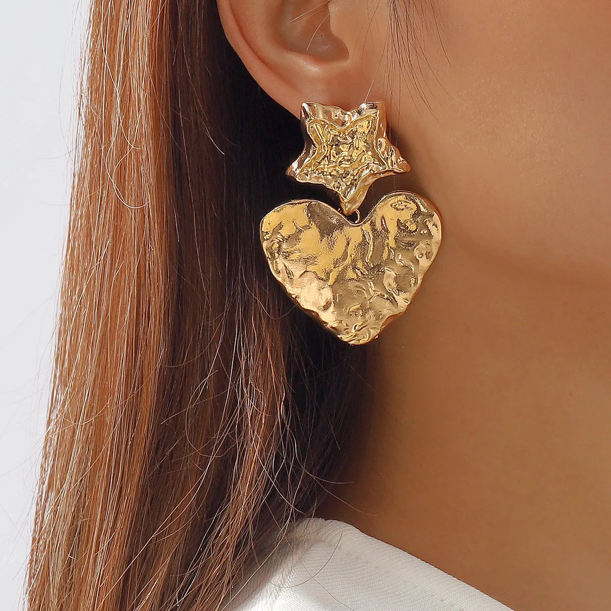 18K Gold-Plated Textured Star Heart Drop Earrings
