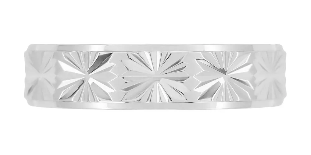 1960's Mid Century Starburst Engraved Flat Wedding Band in White Gold - 5mm Wide