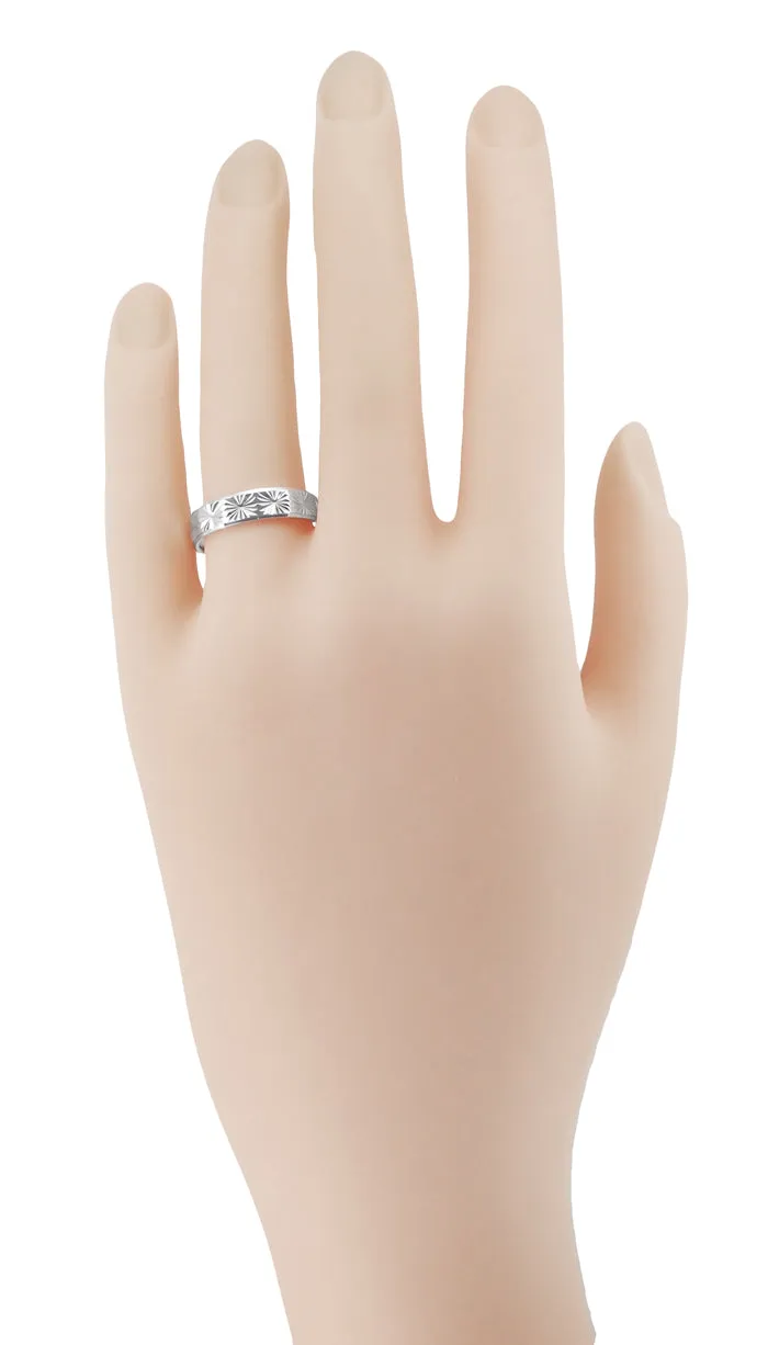 1960's Mid Century Starburst Engraved Flat Wedding Band in White Gold - 5mm Wide