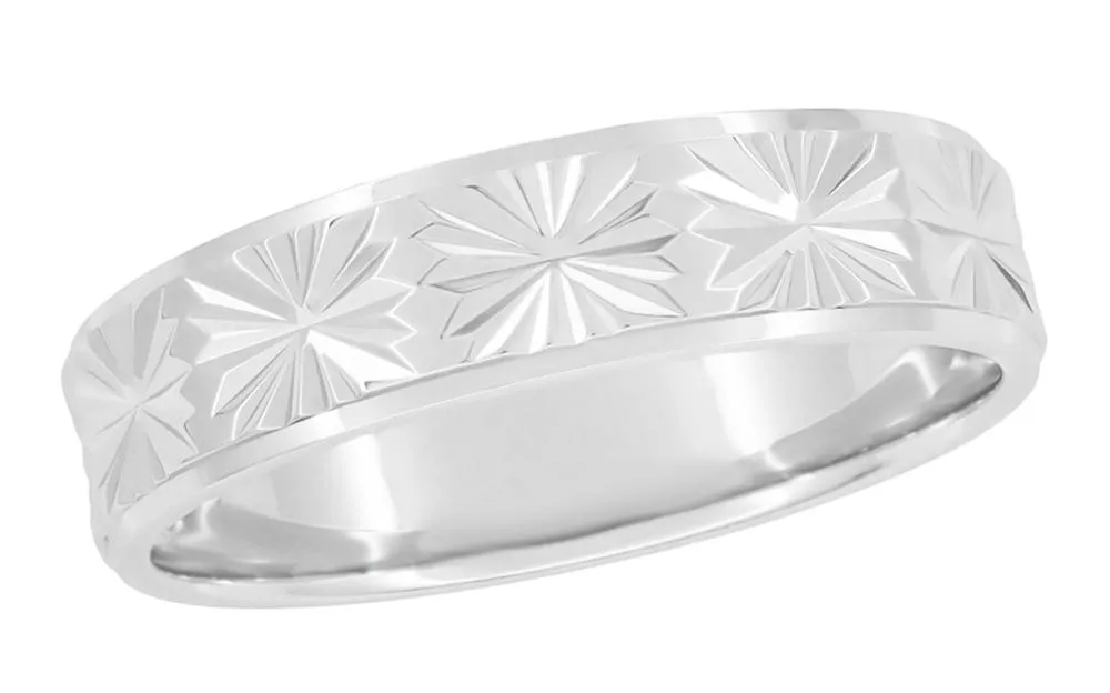 1960's Mid Century Starburst Engraved Flat Wedding Band in White Gold - 5mm Wide