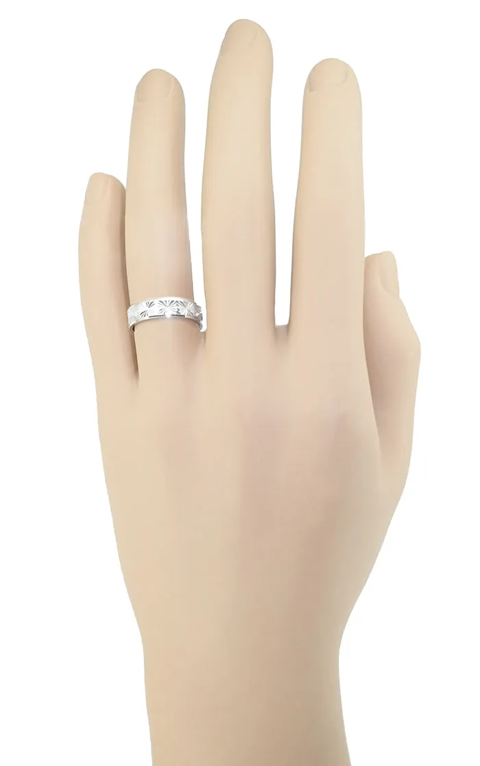 1960's Mid Century Starburst Engraved Flat Wedding Band in White Gold - 5mm Wide