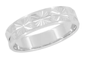 1960's Mid Century Starburst Engraved Flat Wedding Band in White Gold - 5mm Wide