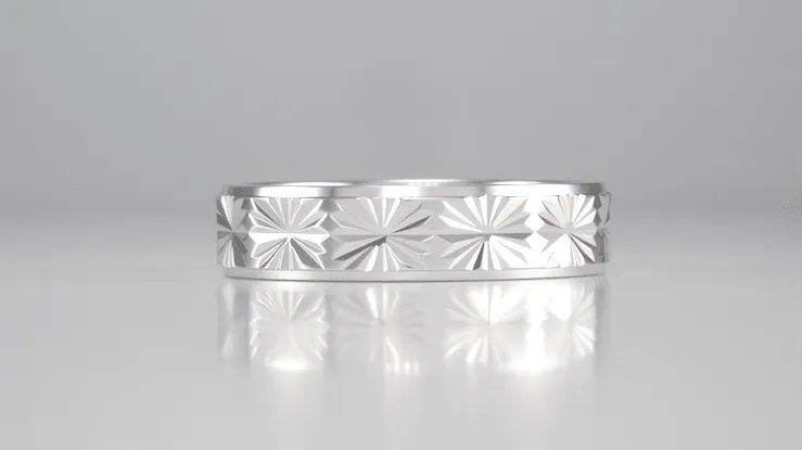 1960's Mid Century Starburst Engraved Flat Wedding Band in White Gold - 5mm Wide