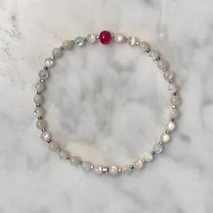 7-1/3" Gemstone Stretch Bracelet with Ruby, Natural Mother of Pearl, and 999 Fine Silver Accents