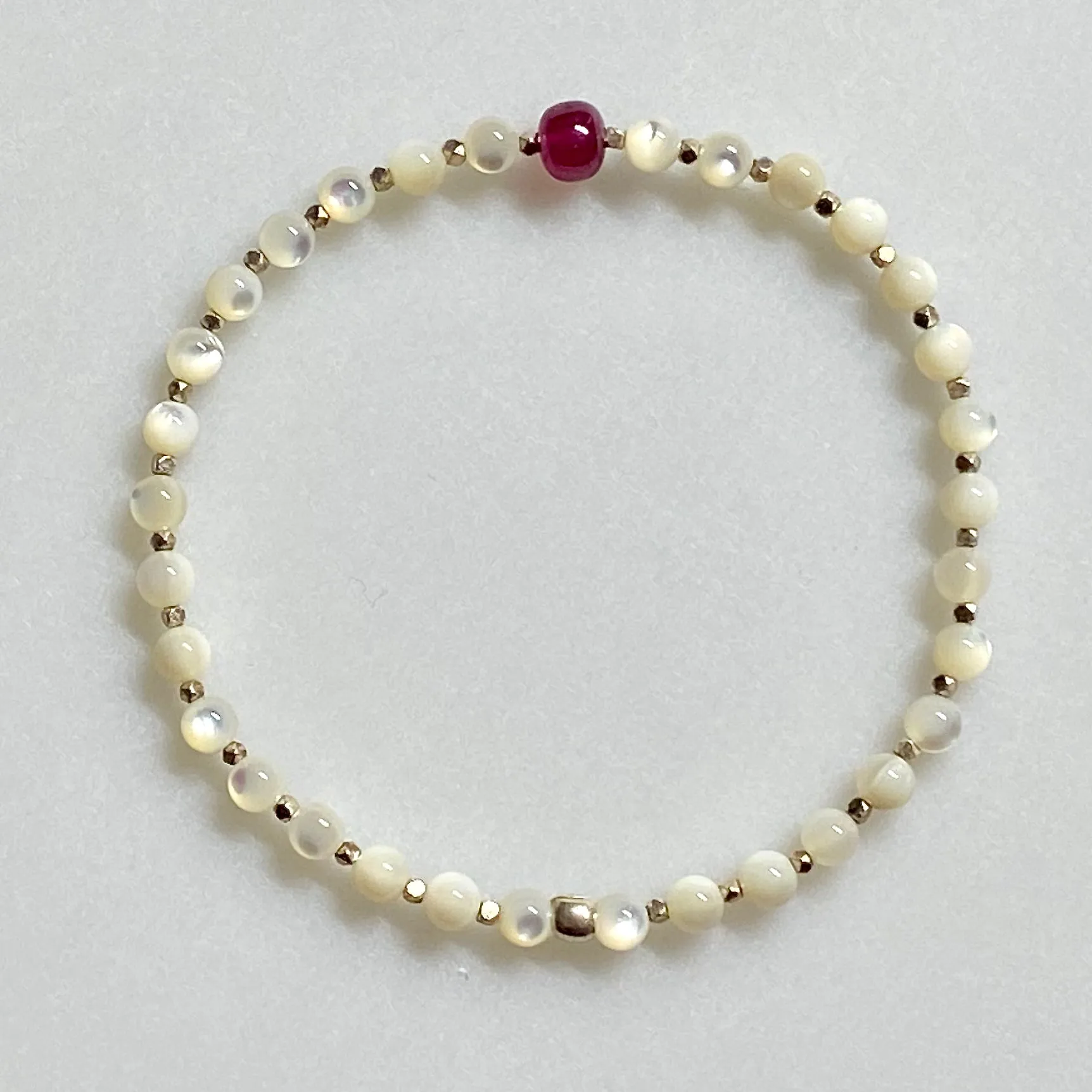 7-1/3" Gemstone Stretch Bracelet with Ruby, Natural Mother of Pearl, and 999 Fine Silver Accents