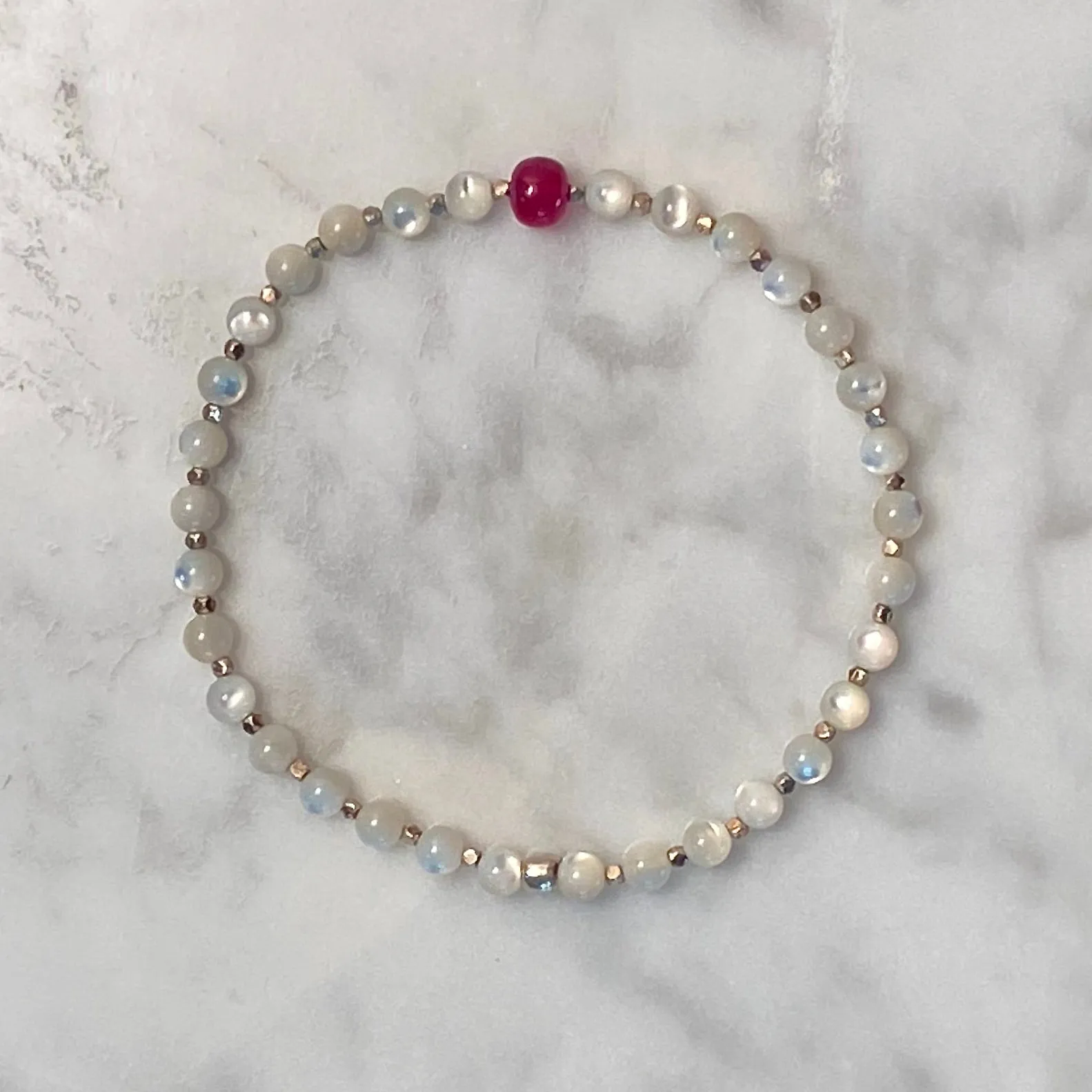 7-1/3" Gemstone Stretch Bracelet with Ruby, Natural Mother of Pearl, and 999 Fine Silver Accents