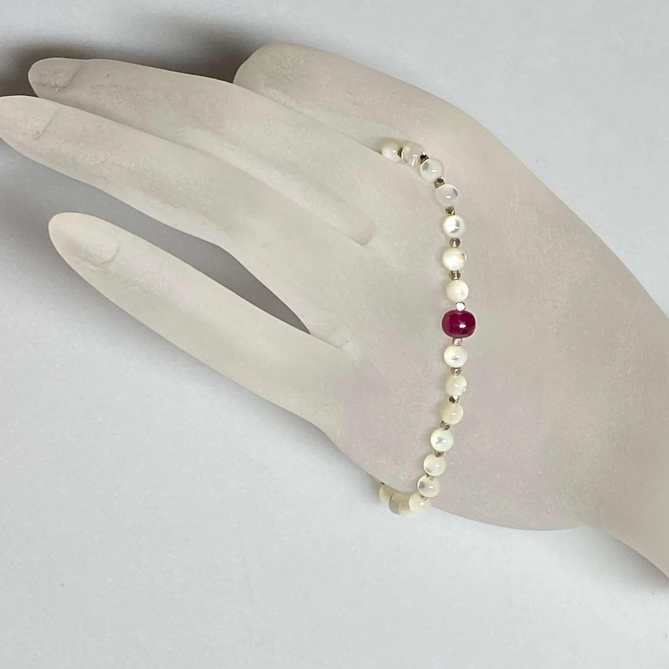 7-1/3" Gemstone Stretch Bracelet with Ruby, Natural Mother of Pearl, and 999 Fine Silver Accents