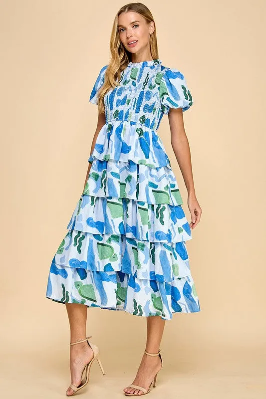 Abstract Print Bubble Sleeve Smocked Detail Dress