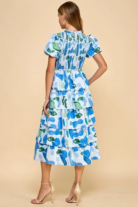 Abstract Print Bubble Sleeve Smocked Detail Dress