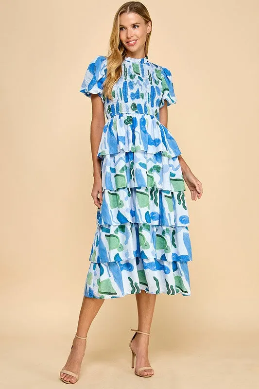 Abstract Print Bubble Sleeve Smocked Detail Dress