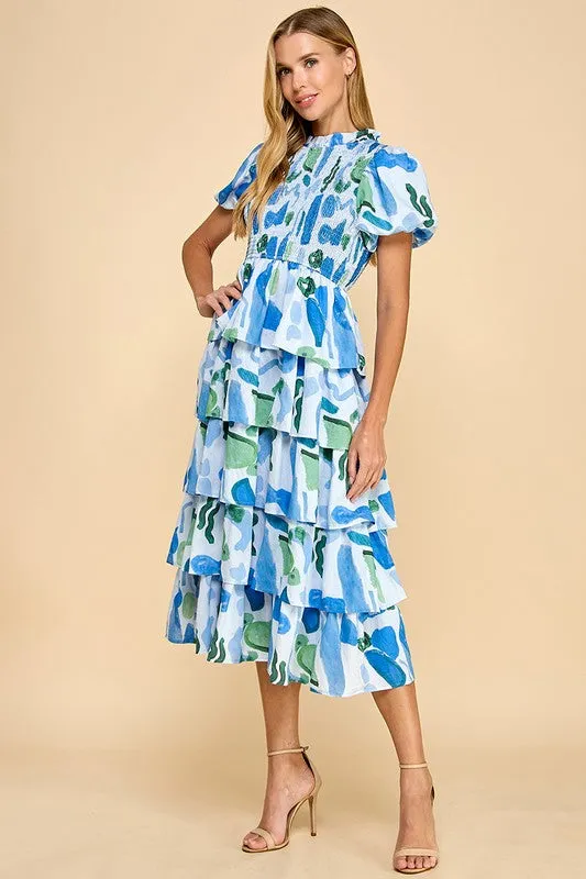 Abstract Print Bubble Sleeve Smocked Detail Dress