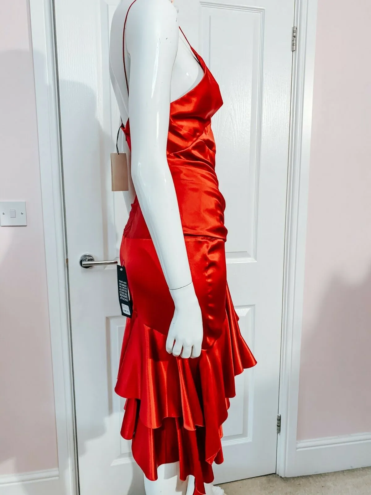 Alexandre Vauthier Ruby Red Ruched Strappy Silk Satin Dress