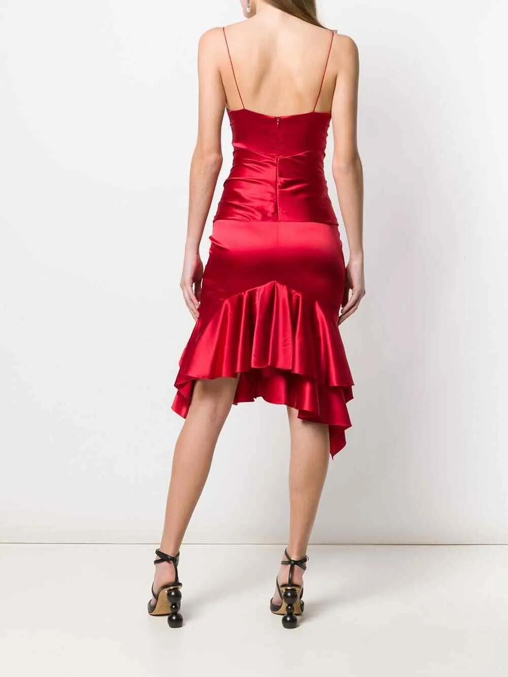 Alexandre Vauthier Ruby Red Ruched Strappy Silk Satin Dress
