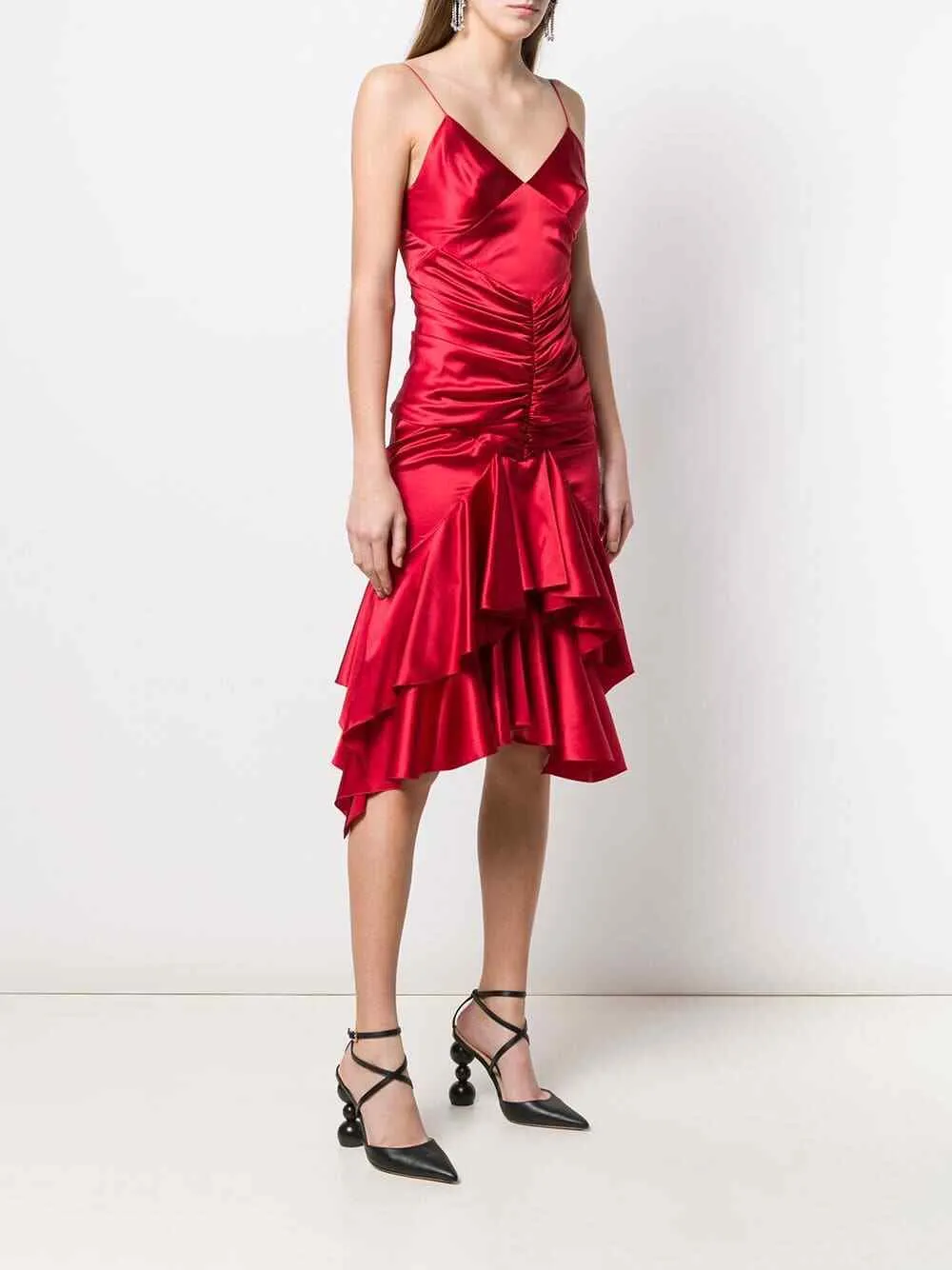 Alexandre Vauthier Ruby Red Ruched Strappy Silk Satin Dress