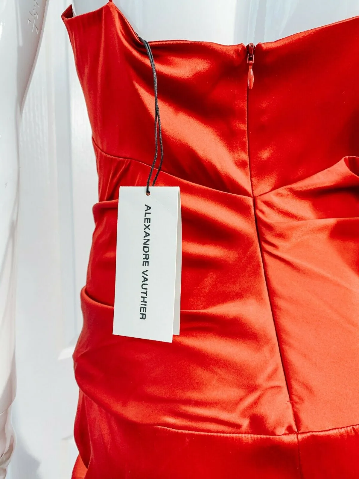 Alexandre Vauthier Ruby Red Ruched Strappy Silk Satin Dress