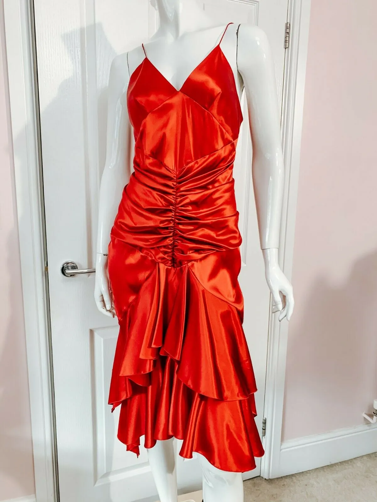 Alexandre Vauthier Ruby Red Ruched Strappy Silk Satin Dress