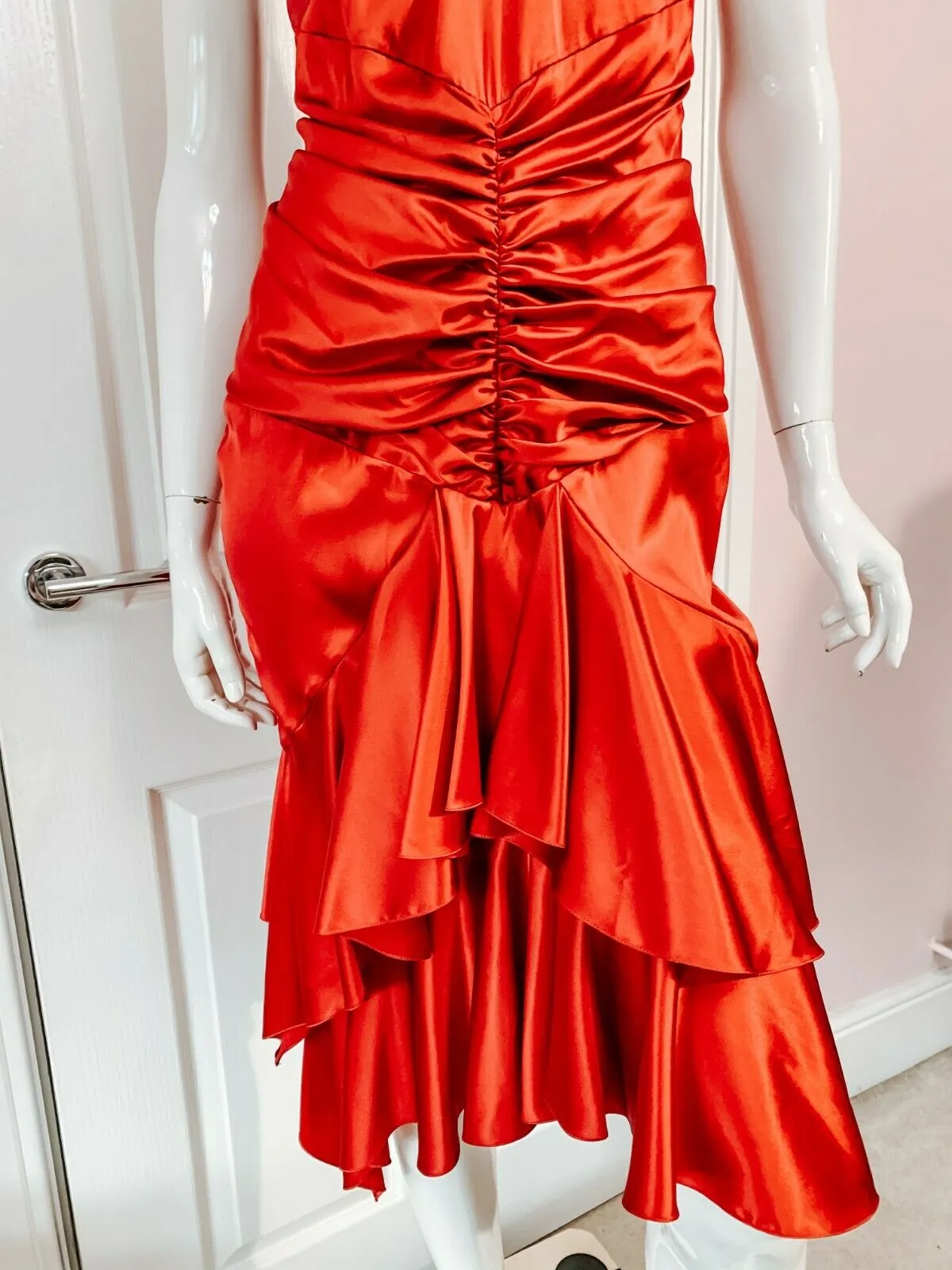 Alexandre Vauthier Ruby Red Ruched Strappy Silk Satin Dress