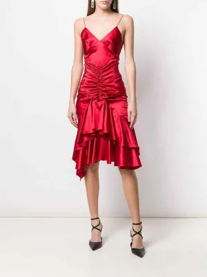Alexandre Vauthier Ruby Red Ruched Strappy Silk Satin Dress